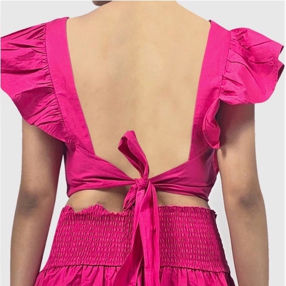 HT360 Collective Ruffle Tie Back Crop Top Smocked Waist Tiered Size XS - Picture 3 of 11